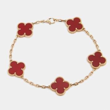 Pre Owned Van Cleef & Arpels Vintage Alhambra 5 Motifs Carnelian 18K Yellow Gold Station Bracelet