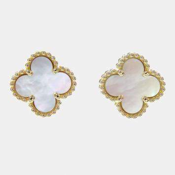 Pre Owned Van Cleef & Arpels Sweet Alhambra 18K Yellow Gold Mother Of Pearl Earrings 
