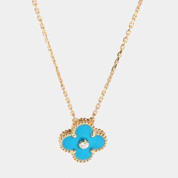Pre Owned Van Cleef & Arpels Celestial Blue Sevres Vintage Alhambra 18K Yellow Gold Diamond Necklace