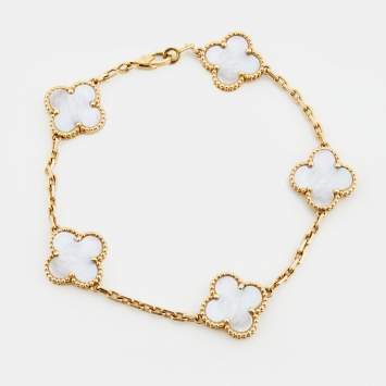 Pre Owned Van Cleef & Arpels Vintage Alhambra Mother of Pearl 18k Yellow Gold 5 Motif Station Bracelet