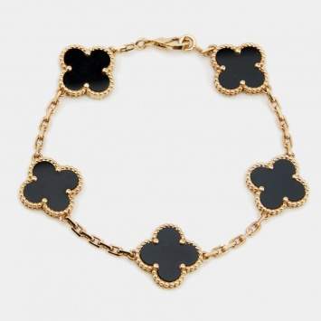 Pre Owned Van Cleef & Arpels Vintage Alhambra Onyx 18k Yellow Gold 5 Motif Station Bracelet