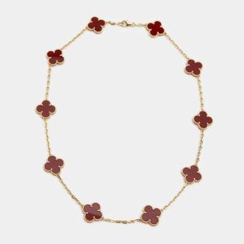 Pre Owned Van Cleef & Arpels Vintage Alhambra Carnelian 10 Motif 18k Yellow Gold Necklace