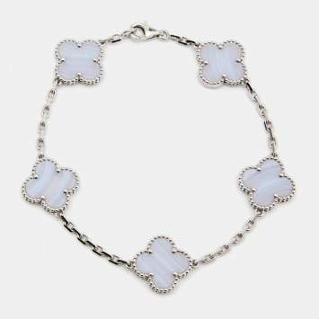 Pre Owned Van Cleef & Arpels Vintage Alhambra Chalcedony 5 Motif 18k White Gold Station Bracelet