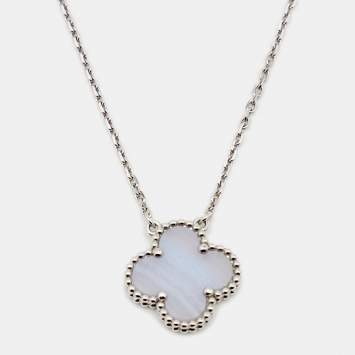 Pre Owned Van Cleef & Arpels Vintage Alhambra Chalcedony 18k White Gold Pendant Necklace