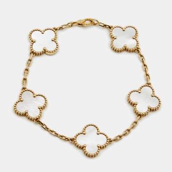 Pre Owned Van Cleef & Arpels Vintage Alhambra 5 Motif Mother of Pearl 18K Yellow Gold Station Bracelet