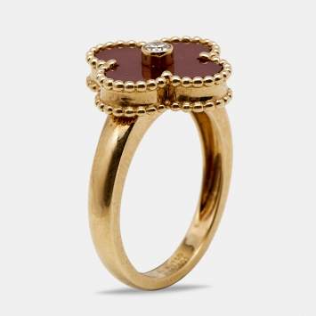 Pre Owned Van Cleef & Arpels Vintage Alhambra Carnelian Diamond 18k Yellow Gold Ring Size 51