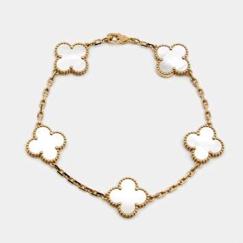 Pre Owned Van Cleef & Arpels Vintage Alhambra 5 Motif Mother Of Pearl 18k Yellow Gold Station Bracelet