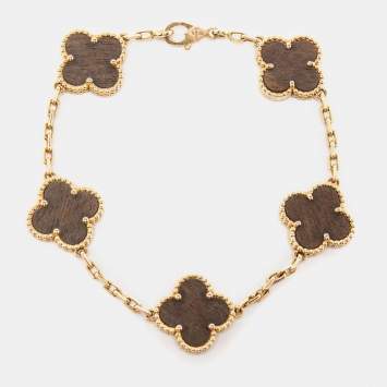 Pre Owned Van Cleef & Arpels Vintage Alhambra 5 Motif Wood 18k Rose Gold Station Bracelet 