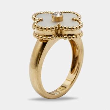 Pre Owned Van Cleef & Arpels Vintage Alhambra Mother of Pearl Diamond 18k Yellow Gold Ring Size 47