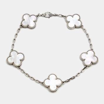 Pre Owned Van Cleef & Arpels Vintage Alhambra 5 Motif Mother of Pearl 18K White Gold Station Bracelet