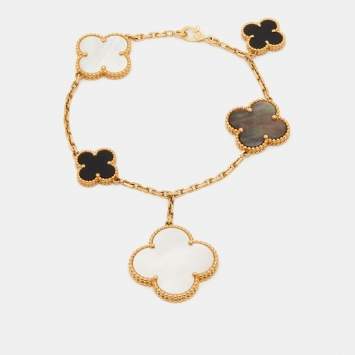 Pre Owned Van Cleef & Arpels Magic Alhambra Mother of Pearl Onyx 5-Motif 18k Yellow Gold Bracelet