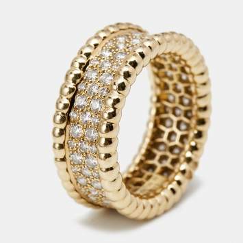 Pre Owned Van Cleef & Arpels Perlée Diamonds 3 Rows 18k Yellow Gold Ring Size 50