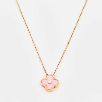 Pre Owned Van Cleef & Arpels Vintage Alhambra Diamond Pink Inlay 18K Rose Gold Pendant Necklace