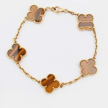 Pre Owned Van Cleef & Arpels Vintage Alhambra Tiger's Eye 18k Yellow Gold 5 Motif Station Bracelet