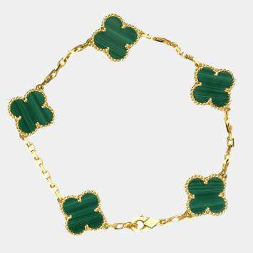 Pre Owned Van Cleef & Arpels Vintage Alhambra 18K Yellow Gold Malachite Bracelet 19