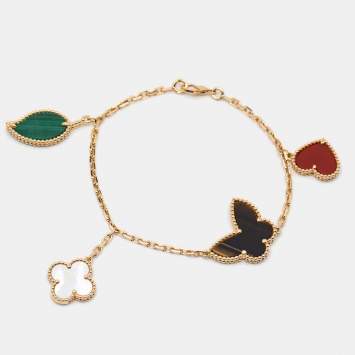 Pre Owned Van Cleef & Arpels Lucky Alhambra Multi Gemstones 18k Yellow Gold 4 Motif Charm Bracelet