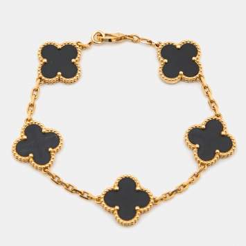 Pre Owned Van Cleef & Arpels Vintage Alhambra Onyx 18k Yellow Gold 5 Motif Station Bracelet