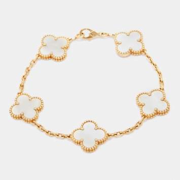 Pre Owned Van Cleef & Arpels Vintage Alhambra Mother of Pearl 18k Yellow Gold 5 Motif Station Bracelet