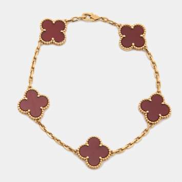 Pre Owned Van Cleef & Arpels Vintage Alhambra Carnelian 18k Yellow Gold 5 Motif Station Bracelet