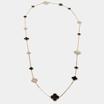 Pre Owned Van Cleef & Arpels Magic Alhambra Mother of Pearl 18k Yellow Gold 16 Motif Station Onyx Necklace
