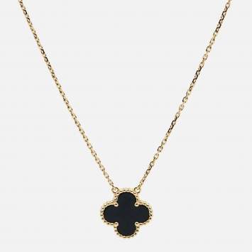 Pre Owned Van Cleef & Arpels Vintage Alhambra Onyx 18k Yellow Gold Necklace