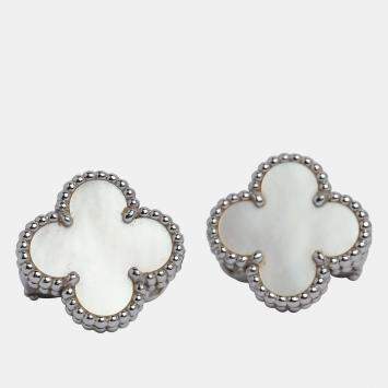 Pre Owned Van Cleef & Arpels Vintage Alhambra 18K White Gold Mother of Pearl Earrings