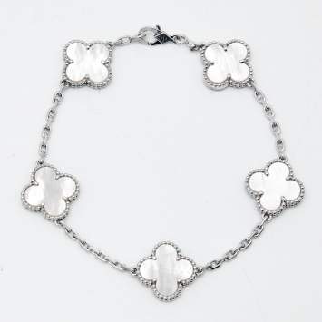 Pre Owned Van Cleef & Arpels Vintage Alhambra Mother of Pearl 18k White Gold 5 Motif Station Bracelet