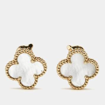 Pre Owned Van Cleef & Arpels Vintage Alhambra Mother of Pearl 18k Yellow Gold Earrings