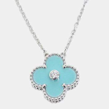 Pre Owned Van Cleef & Arpels Vintage Alhambra Holiday Limited Edition 18K White Gold Diamond Porcelain Necklace