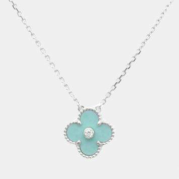 Pre Owned Van Cleef & Arpels Vintage Alhambra Limited Edition 18K White Gold Diamond Sevres Porcelain Necklace