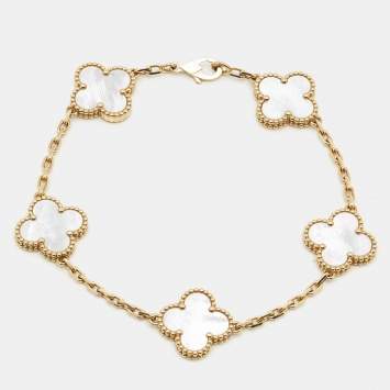 Pre Owned Van Cleef & Arpels Vintage Alhambra Mother of Pearl 18k Yellow Gold Station Bracelet