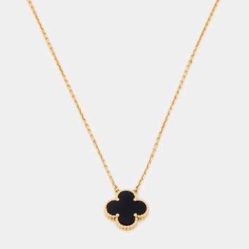 Pre Owned Van Cleef & Arpels Vintage Alhambra Onyx 18k Yellow Gold Pendant Necklace