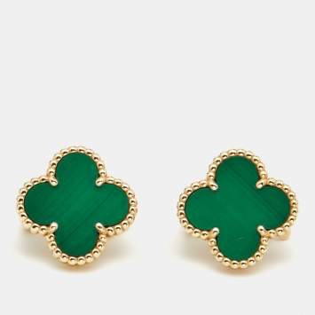 Pre Owned Van Cleef & Arpels Vintage Alhambra Malachite 18k Yellow Gold Stud Earrings