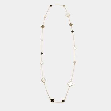 Pre Owned Van Cleef & Arpels Magic Alhambra 16 Motif Mother of Pearl Onyx 18k Yellow Gold Long Station Necklace