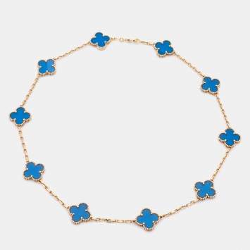 Pre Owned Van Cleef & Arpels Vintage Alhambra Agate 10 Motif 18k Yellow Gold Station Necklace