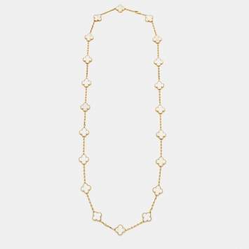 Pre Owned Van Cleef & Arpels Vintage Alhambra Mother of Pearl 20 Motif 18K Yellow Gold Long Station Necklace