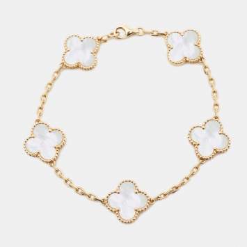 Pre Owned Van Cleef & Arpels Vintage Alhambra Mother of Pearl 18k Yellow Gold Station Bracelet