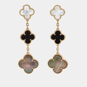 Pre Owned Van Cleef & Arpels Magic Alhambra Mother of Pearl Onyx 18k Yellow Gold Earrings