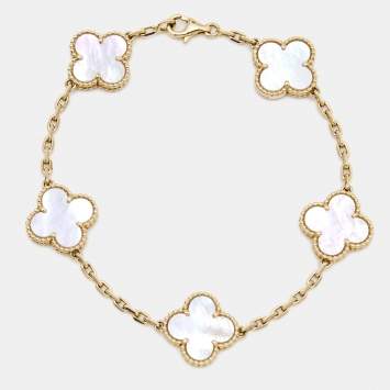 Pre Owned Van Cleef & Arpels Vintage Alhambra Mother of Pearl 18k Yellow Gold 5 Motif Station Bracelet