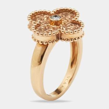 Pre Owned Van Cleef & Arpels Vintage Alhambra Diamond Textured 18k Rose Gold Ring Size 50