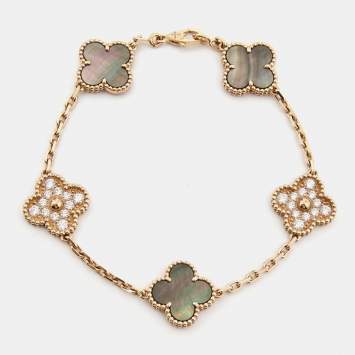 Pre Owned Van Cleef & Arpels Vintage Alhambra Diamonds Mother of Pearl 18k Rose Gold Bracelet