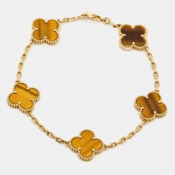 Pre Owned Van Cleef & Arpels Vintage Alhambra Tiger's Eye 18k Yellow Gold 5 Motif Station Bracelet