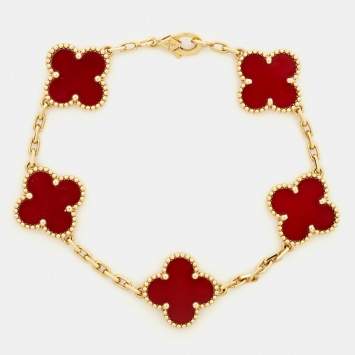 Pre Owned Van Cleef & Arpels Vintage Alhambra Carnelian 18k Yellow Gold Bracelet