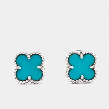 Pre Owned Van Cleef & Arpels Sweet Alhambra Turquoise 18K White Gold Stud Earrings