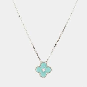 Pre Owned Van Cleef & Arpels Vintage Alhambra Celadon Sèvres Porcelain Diamond 18K White Gold 2022 Holiday Pendant Necklace