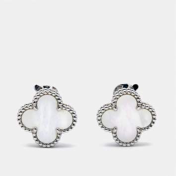 Pre Owned Van Cleef & Arpels Vintage Alhambra Mother of Pearl 18k White Gold Earrings