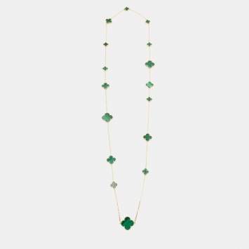 Pre Owned Van Cleef & Arpels Magic Alhambra 16 Motif Malachite 18k Yellow Gold Long Necklace