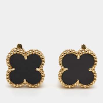 Pre Owned Van Cleef & Arpels Vintage Alhambra Onyx 18k Yellow Gold Earrings