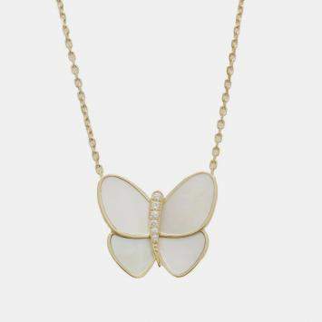 Pre Owned Van Cleef & Arpels 18K Yellow Gold, Mother of Pearl and Diamond Butterfly Pendant Necklace