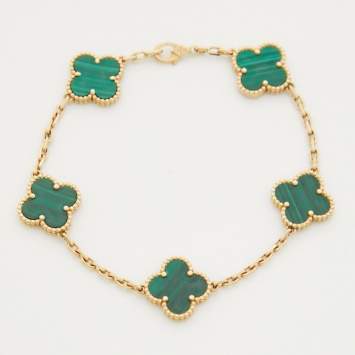 Pre Owned Van Cleef & Arpels Vintage Alhambra Malachite 18k Yellow Gold 5 Motif Station Bracelet